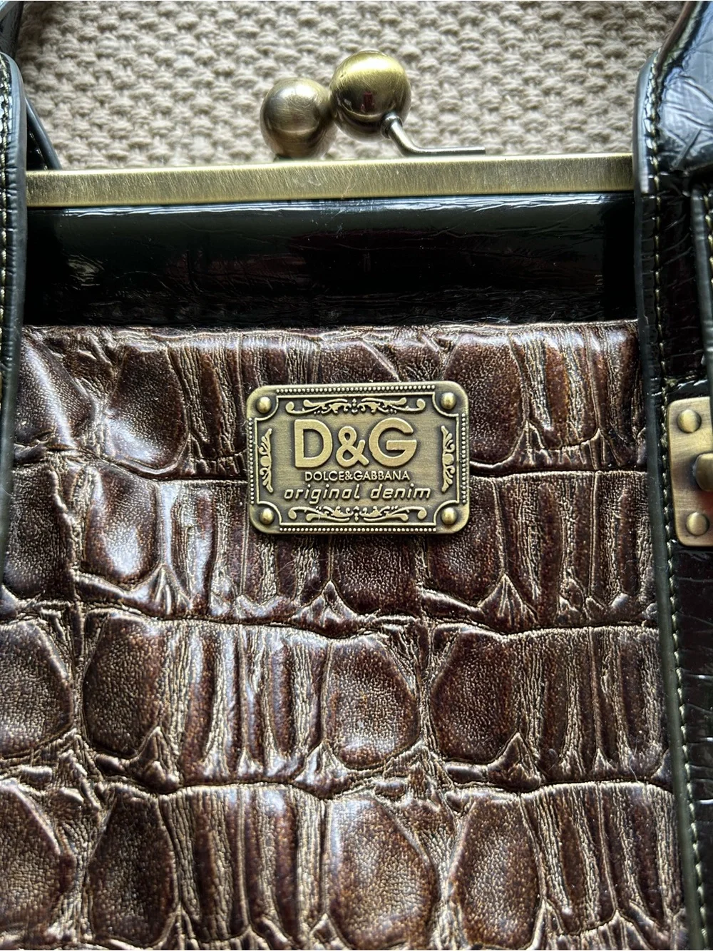 Vintage D&G Brown Croc-Embossed Leather Satchel with Black Trim